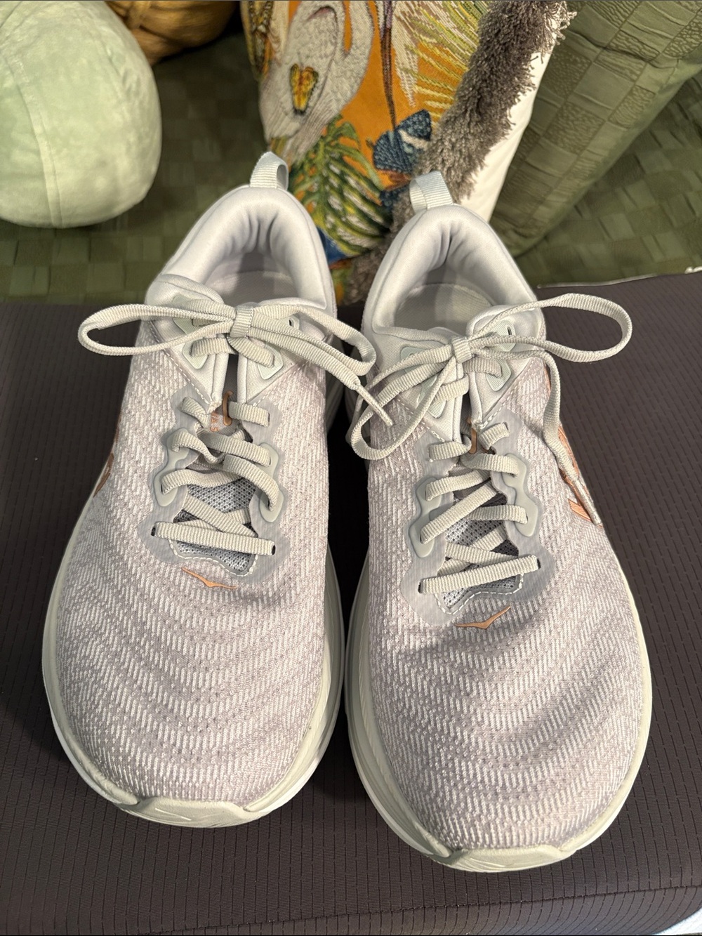 Hoka Women's Light Gray Knit Running Shoes with Rose Gold Accents